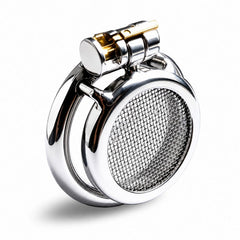 Ventilated mesh-front stainless steel chastity cage angled view