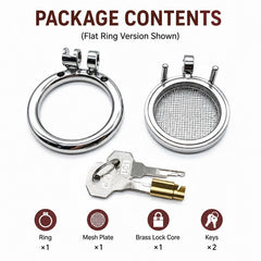 Mesh-front stainless steel chastity cage package contents