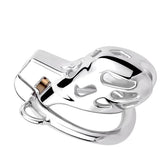 Angled top view of the stainless steel Cobra chastity cage showing its open cutouts and polished finish