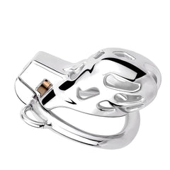 Angled top view of the stainless steel Cobra chastity cage showing its open cutouts and polished finish