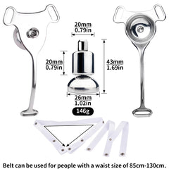 Metal inverted chastity cage with white three-way belt