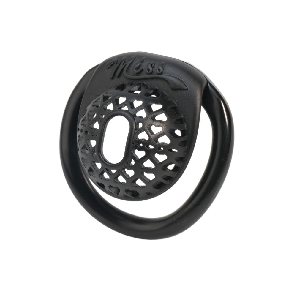 Black MISS heart lattice ABS chastity cage angled view