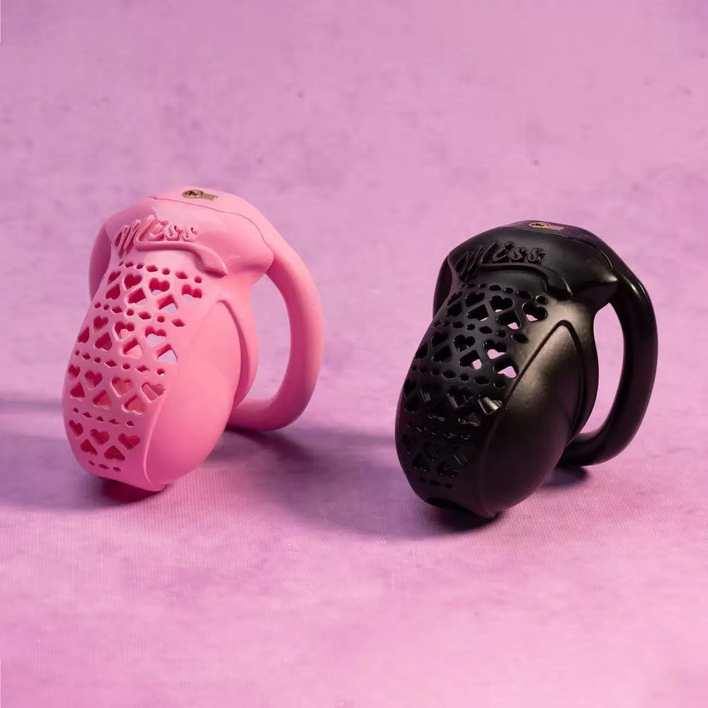 Pink and black MISS heart-shaped resin chastity cages