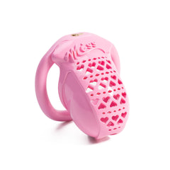 Angled view of pink MISS heart-pattern resin cage