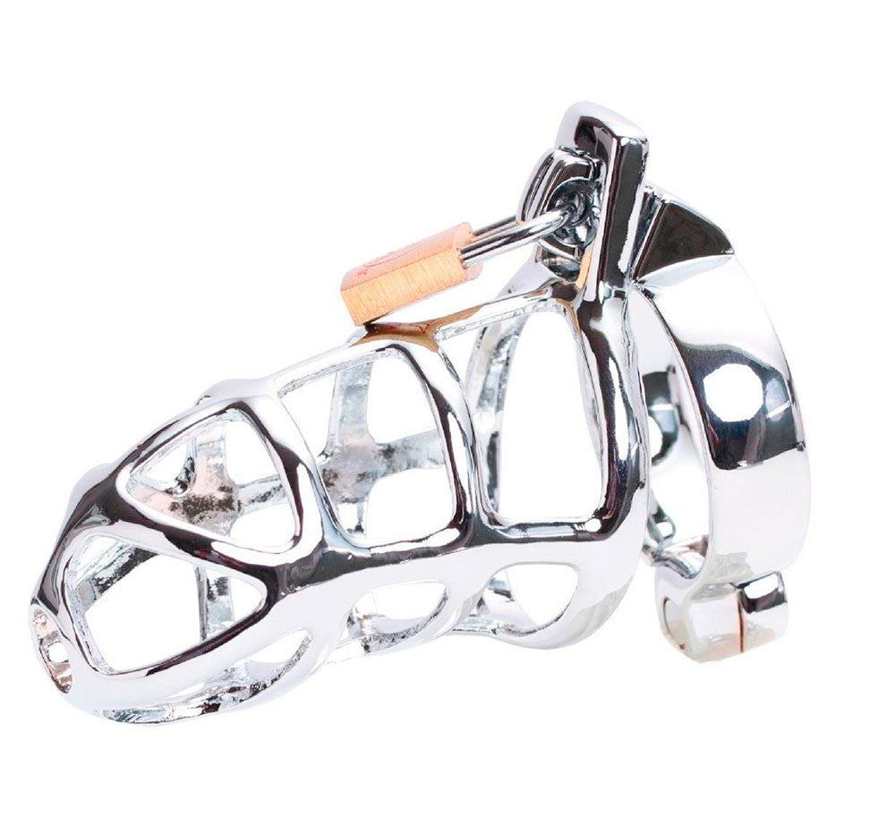 Model 300 open-bar steel chastity cage with back ring and padlock