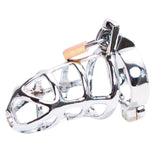Model 300 open-bar steel chastity cage with back ring and padlock