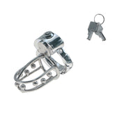 Open-frame adjustable metal chastity cage ZC-077 angled view with keys