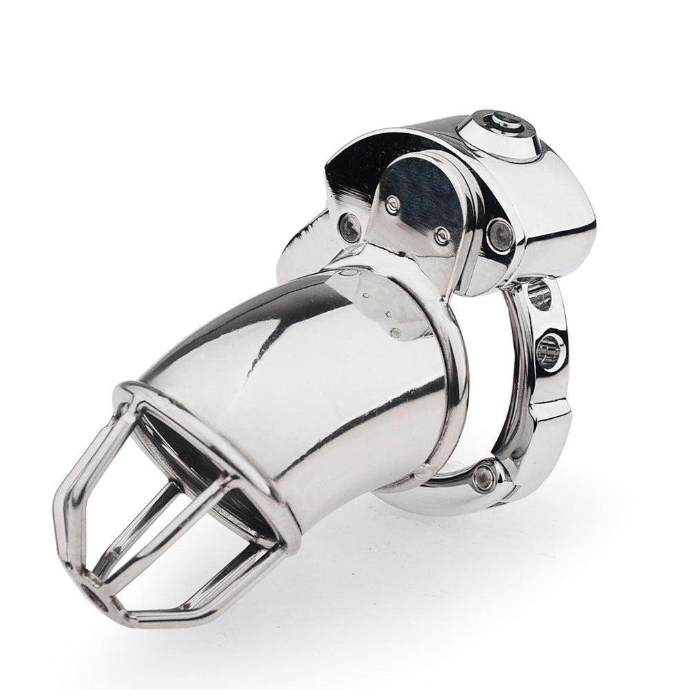 Open-tip adjustable metal chastity cage ZC-065 angled view