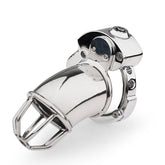 Open-tip adjustable metal chastity cage ZC-065 angled view