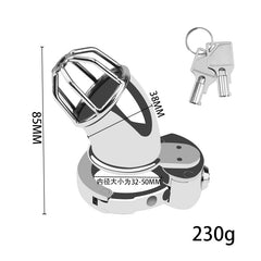 ZC-065 open-tip chastity cage showing 85mm height 38mm width and 230g weight