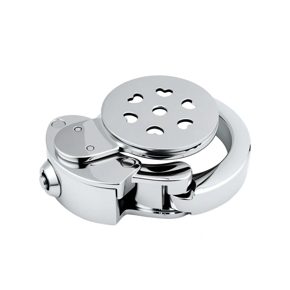 Patterned inverted flat stainless steel chastity cage main view