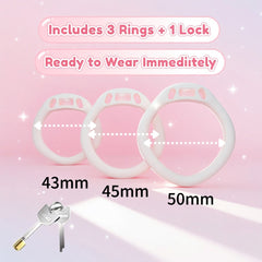 Pink bow chastity cage with 43, 45 and 50 mm base rings and mini lock