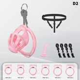 Pink D2 hollow chastity cage with six rings, lock and harness