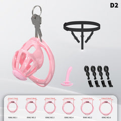 Pink D2 hollow chastity cage with six rings, lock and harness