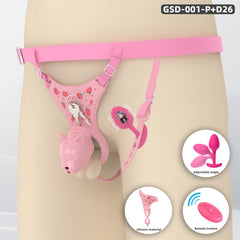 Pink puppy head cage connected to patterned support underwear