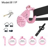 Pink B11 mesh resin chastity cage with rings, lock and strap