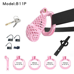 Pink B11 mesh resin chastity cage with rings, lock and strap