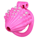 Pink pearl shell resin chastity cage with base ring