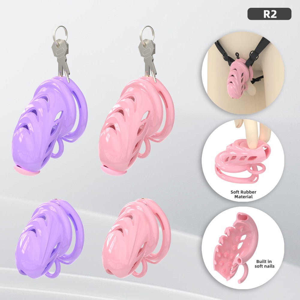 Pearlescent pink and purple soft-node waterproof chastity cages