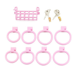 Pink shared chastity cage with ring sets and keys