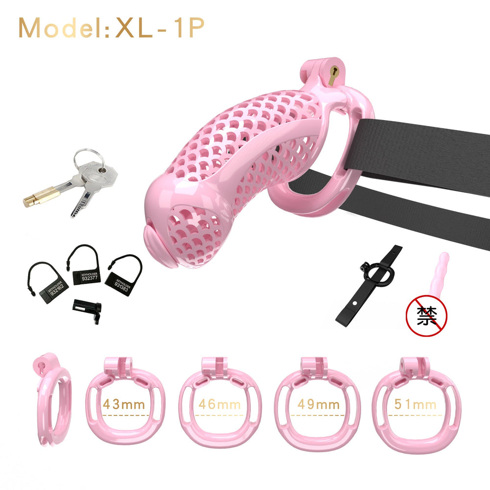 Pink XL-1 oversized ventilated resin chastity cage with strap