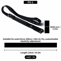 PU-01 black faux-leather belt with strap width, length and waist measurement diagram