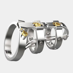 Side view of punk chastity cage pivot joints and locking hardware