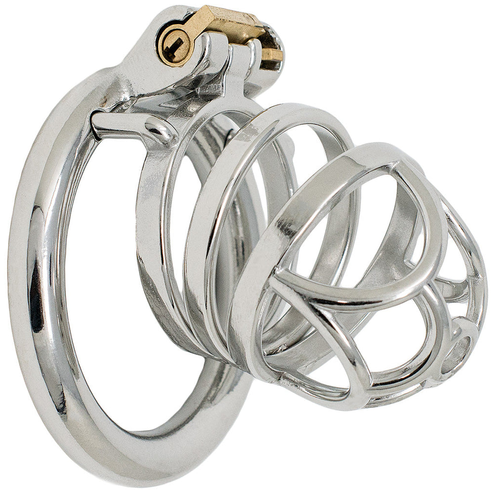 S201 ornate stainless steel chastity cage in large size with circular base ring