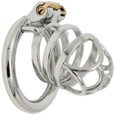 S201 ornate stainless steel chastity cage in large size with circular base ring