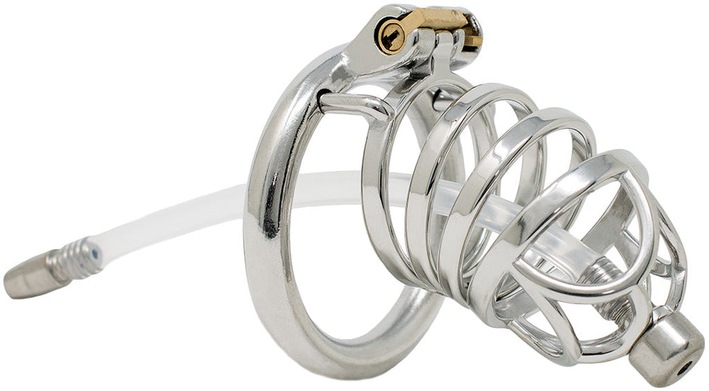 S202 XL loop-front stainless steel urethral chastity cage with circular base ring