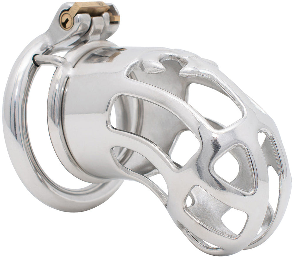 S220 vented stainless steel chastity cage with circular ring and integrated lock