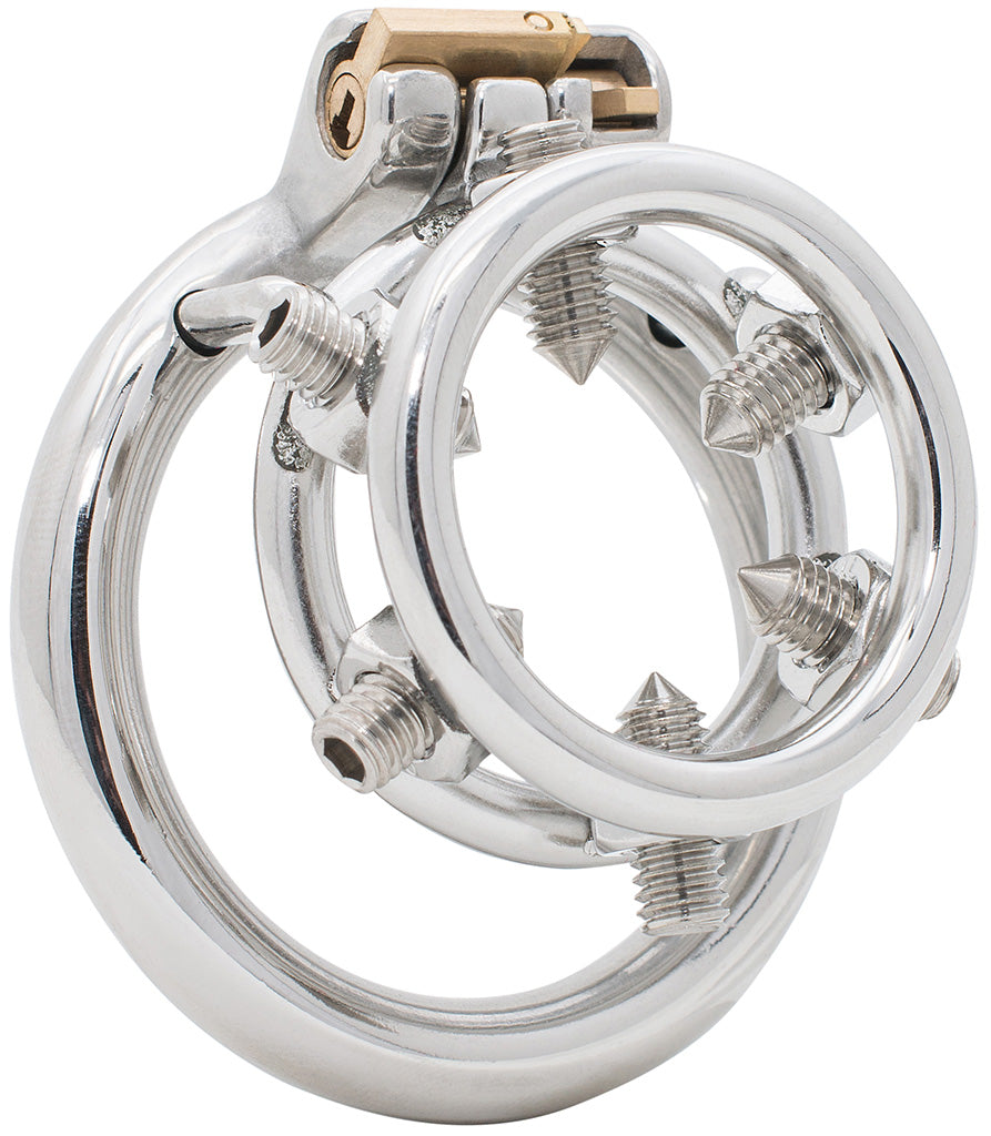 S231 open-end stainless steel chastity cage with six adjustable screws and circular back ring
