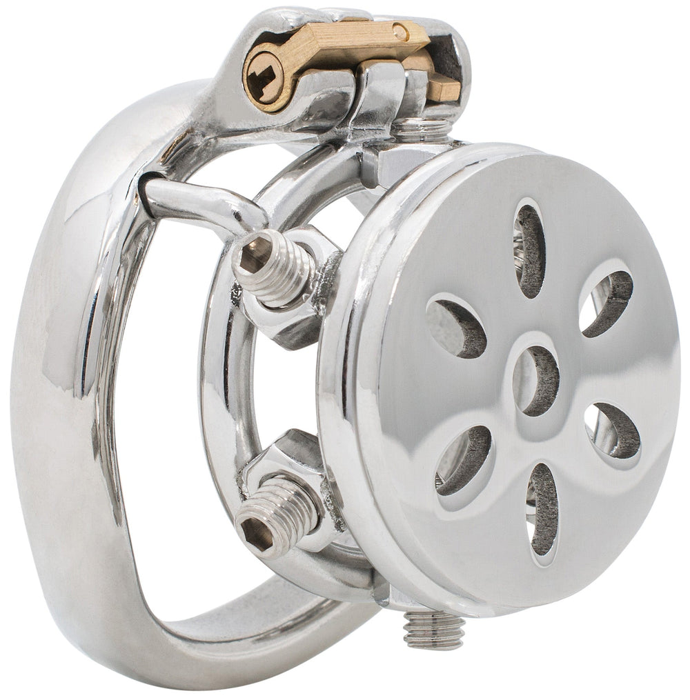 S232 enclosed spiked stainless steel chastity cage with curved back ring