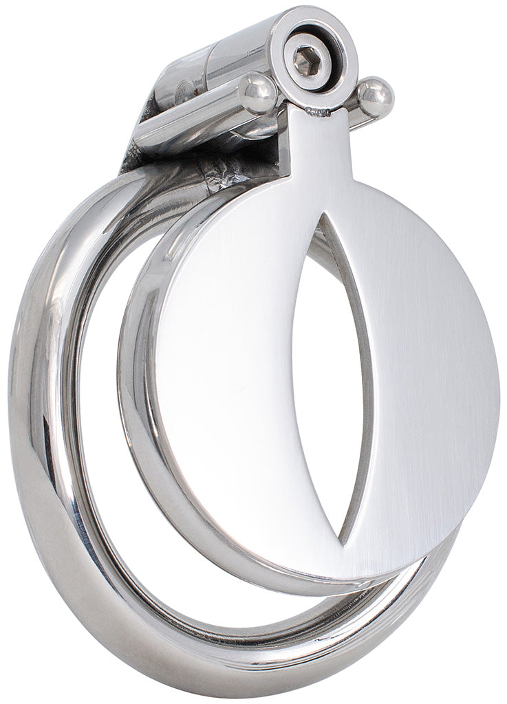 S233 flat stainless steel chastity cage with circular back ring and front screw lock