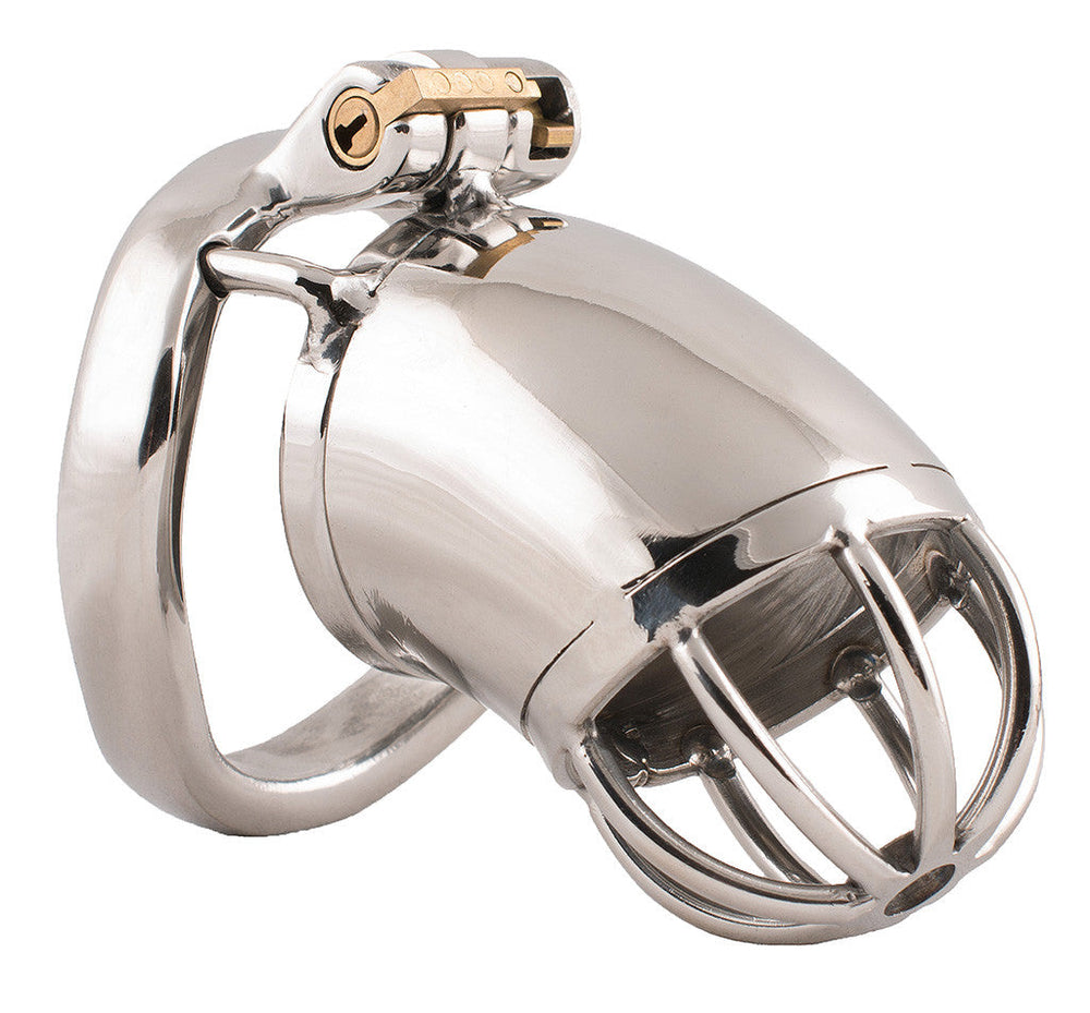 Angled view of the S87 Standard stainless steel chastity cage with integrated lock