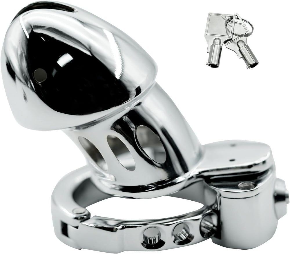 Sculpted adjustable metal chastity cage ZC-053 angled view