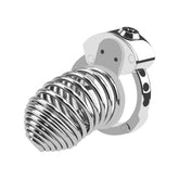 Skeletonized adjustable metal chastity cage ZC-066 angled view