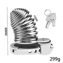 ZC-066 skeletonized chastity cage showing 80mm height 47mm width and 299g weight
