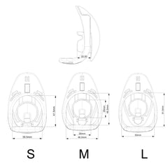 S, M and L frame dimension diagram with a 26 by 26 mm central section marked on M and a static 20 mm side gap