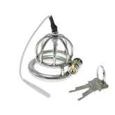 Small electric stainless steel chastity cage with ring, lock and cable