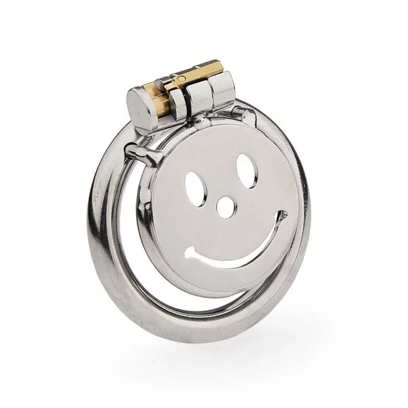 Smiley-face flat metal chastity cage front view