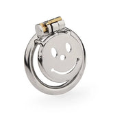 Smiley-face flat metal chastity cage front view