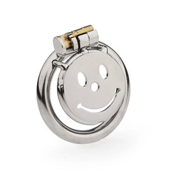 Smiley-face flat metal chastity cage front view