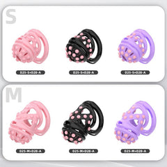 Black, pink and purple soft-nail chastity cages in S and M
