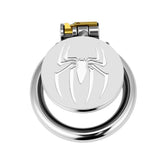 Spider-emblem flat stainless steel chastity cage front view