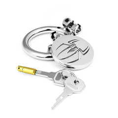 Spider-emblem flat stainless steel chastity cage with sliding lock and keys
