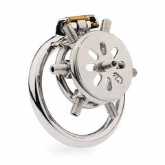 Spiked flat metal chastity cage front view with ventilation openings