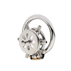 Side view of spiked flat metal chastity cage and base ring