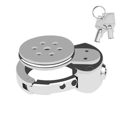 Adjustable metal chastity cage shown with two keys