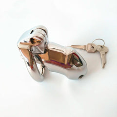 Sleek stainless steel Holy Trainer V2 male chastity cage shown with two silver keys on a white background.